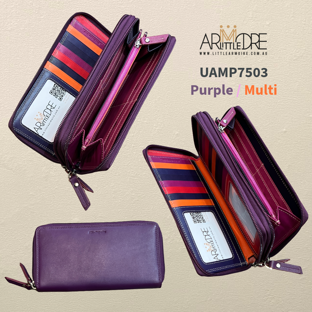 Dual-Zip around Full Size Multi Colour Leather Wallet UAMP7503