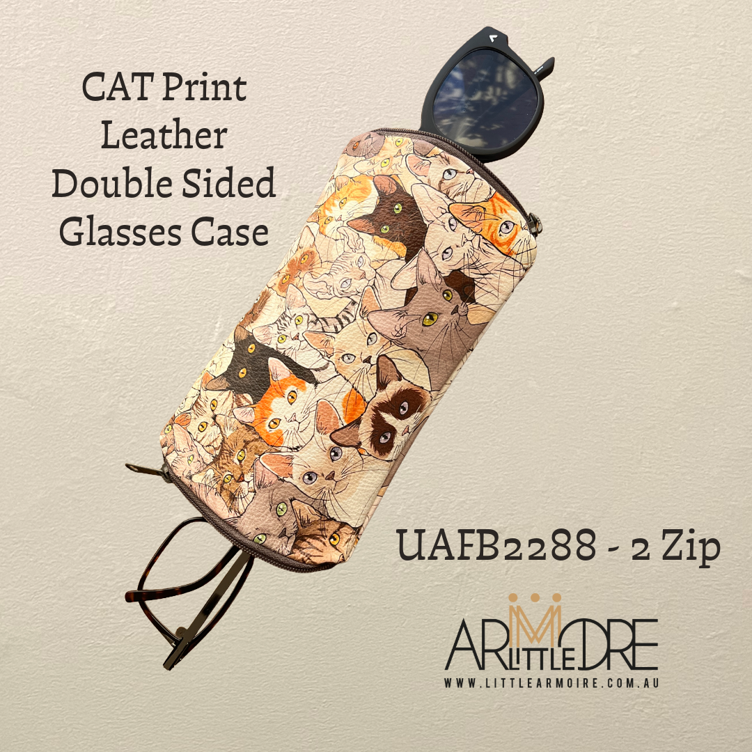 2-Zip Cat Print Double-Sided Glasses Case – Soft Leather Eyewear Holder (UAFB2288 CAT)