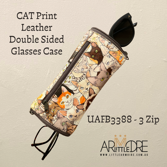 3-Zip Cat Print Double-Sided Glasses Case – Soft Leather Eyewear Holder (UAFB3388 CAT)