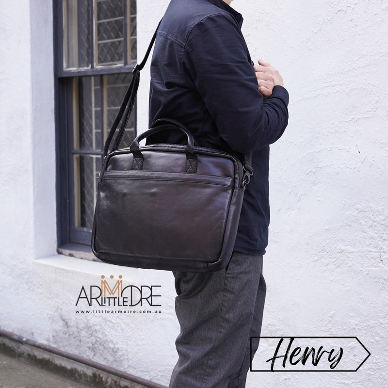 Henry Textured Leather Briefcase - Black